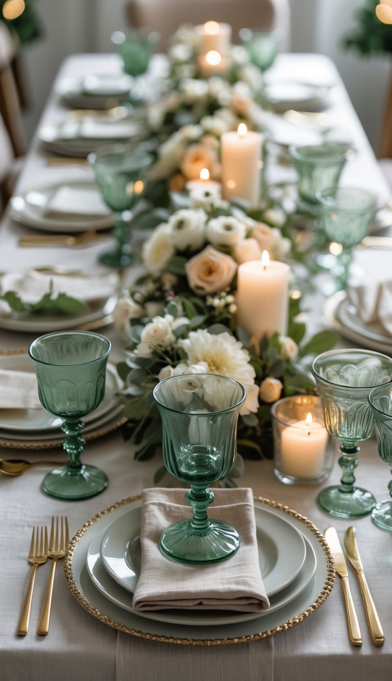 A beautifully arranged dining table set with vintage sage green goblets, floral centerpieces, and lit candles.