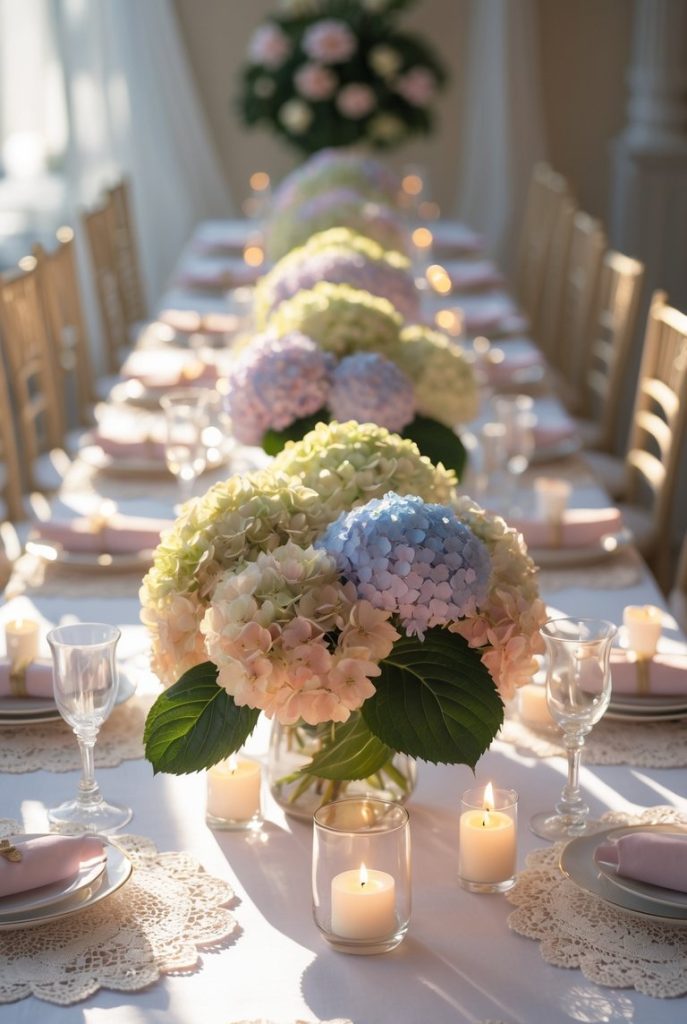 A long dining table is set with white linens, lace placemats, hydrangea flower centerpieces, glassware, plates, and lit candles in glass holders.
