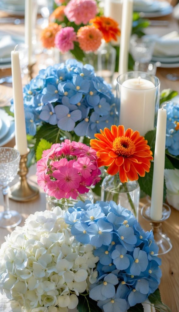 A wooden table set with white plates, glassware, tall white candles, and floral centerpieces featuring blue hydrangeas, white hydrangeas, pink and orange flowers.