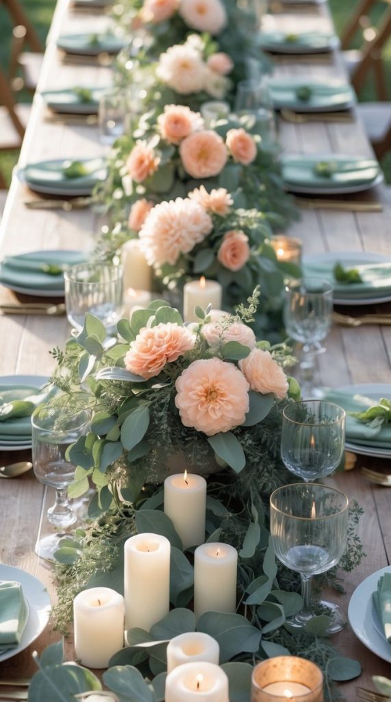 A long outdoor dining table is set with green plates, glassware, and white napkins. The centerpiece features pink flowers, greenery, and lit white candles.