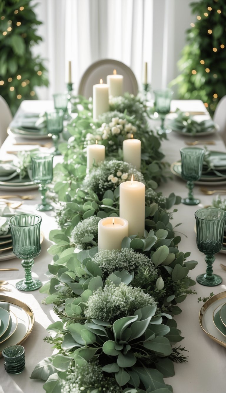 A full view of a table set for a holiday event with a low floral centerpiece of sage green foliage, candles, plates, and glassware arranged neatly.