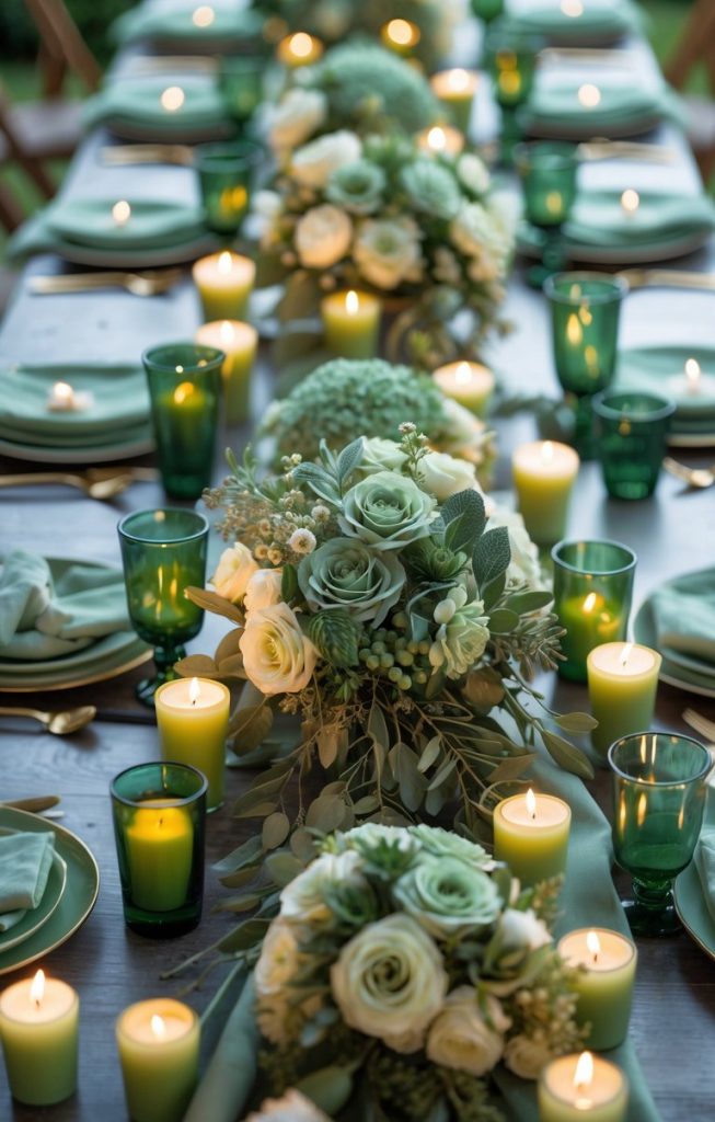 A table set with sage green napkins, green glassware, floral centerpieces, and lit candles, arranged for an elegant event.