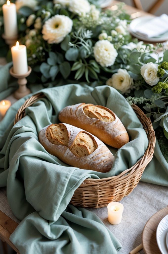 Two loaves of rustic bread sit in a wicker basket lined with a green cloth, surrounded by white flowers, greenery, and lit candles on a decorated table.
