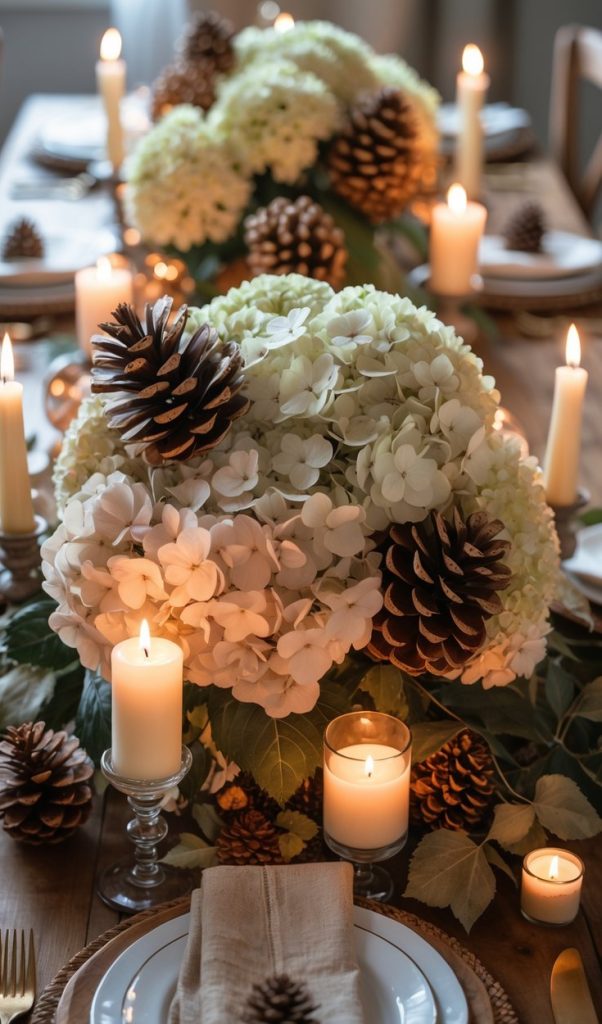 A dining table decorated with white hydrangeas, pine cones, and lit candles, set for a meal with plates, napkins, and cutlery.