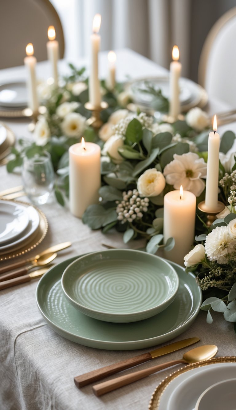 A full view of a table set with sage green ceramic serving trays and wooden spoons, decorated with candles and fresh flowers under natural light.