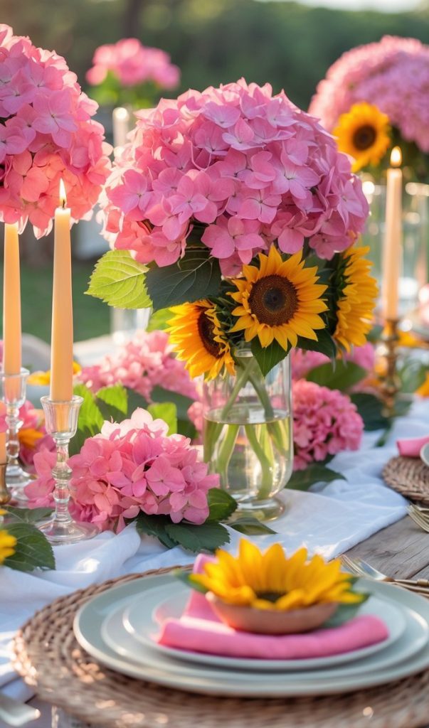 Outdoor table set with plates, pink napkins, and sunflower decorations, featuring vases of pink hydrangeas and sunflowers, and lit candles in daylight.