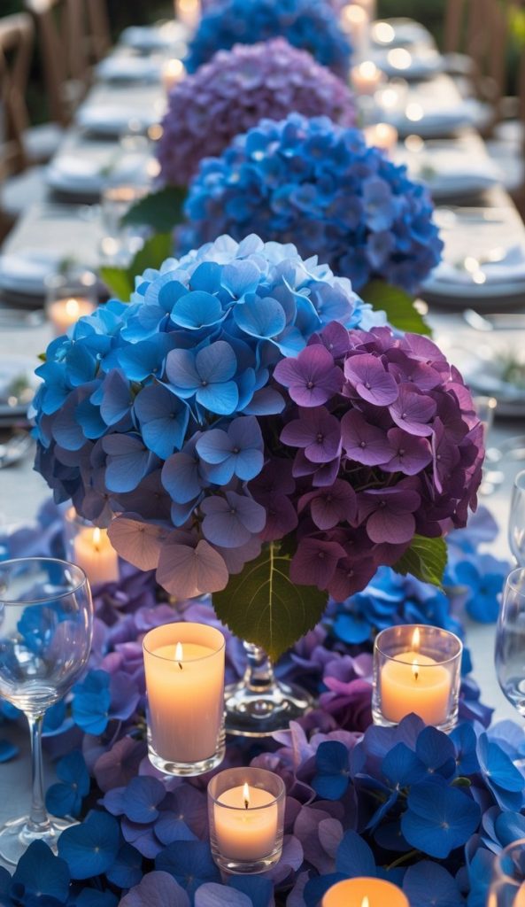 A long dining table decorated with blue and purple hydrangea centerpieces and lit candles, surrounded by empty plates and glassware.