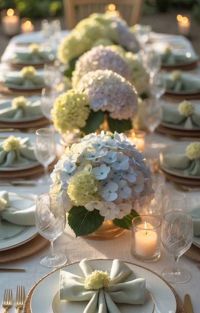 Elegant table setting with white and gold plates, folded napkins, wine glasses, candles, and hydrangea floral centerpieces arranged along a white tablecloth.