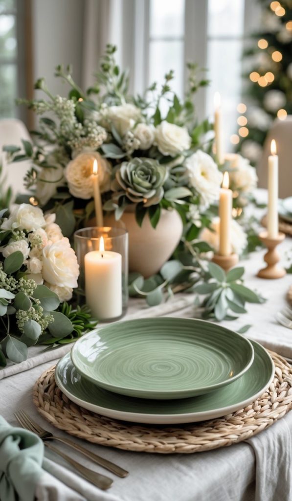 A dining table set with green plates, woven placemats, white candles, and a floral centerpiece featuring white roses and greenery, with a lit Christmas tree in the background.