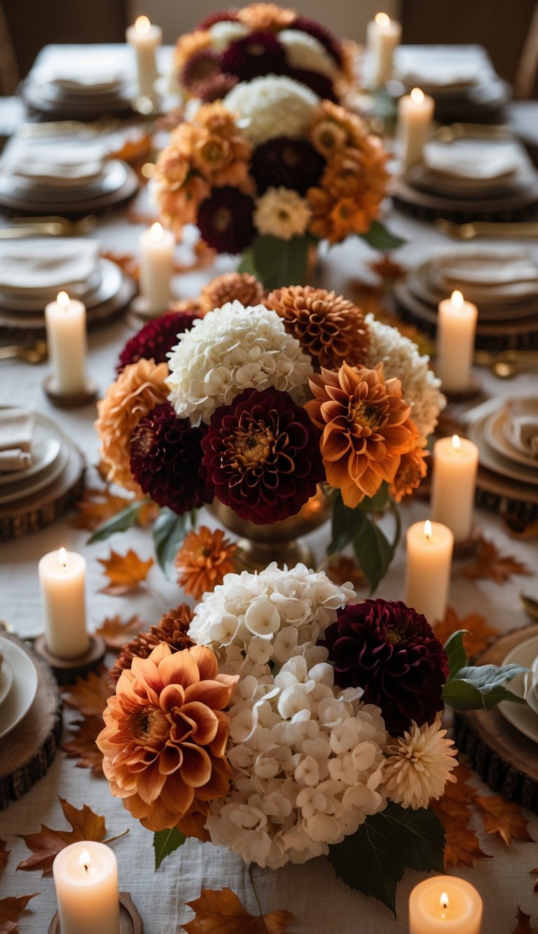 A beautifully arranged autumn tablescape with hydrangeas, dahlias, candles, and natural fall decorations on a wooden table.