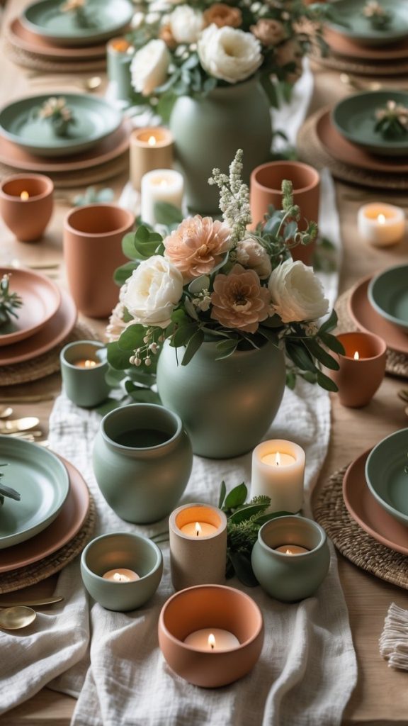 A table set with green and brown dinnerware, floral centerpieces, and lit candles, arranged on a beige cloth runner for a decorative dining setting.