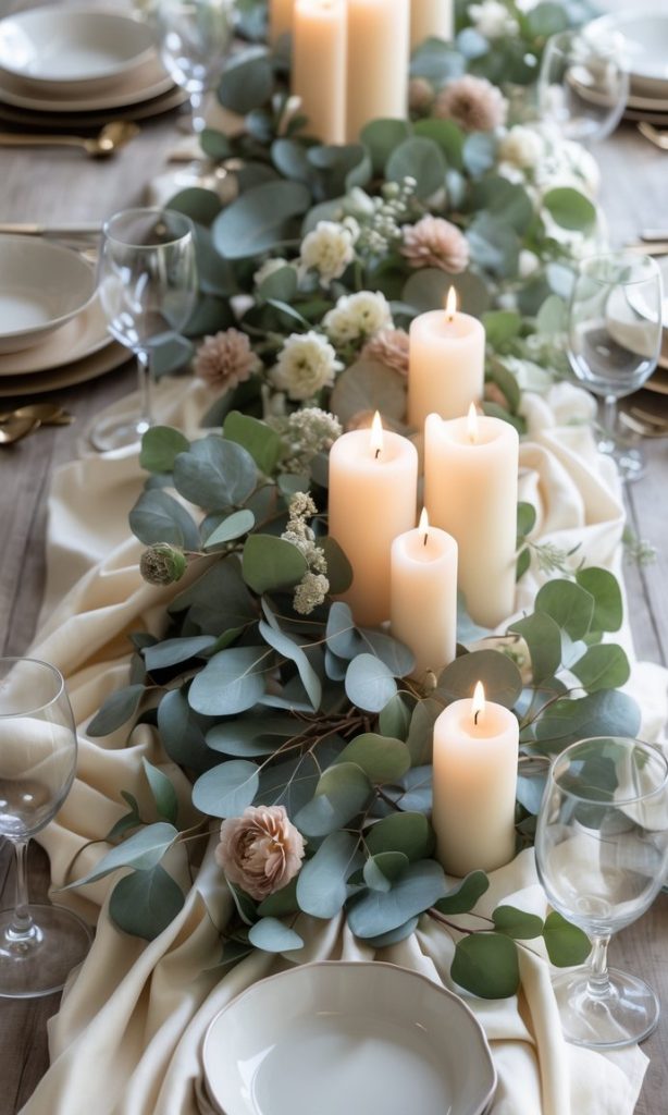 Table set with white plates, gold utensils, and wine glasses, featuring a centerpiece of lit pillar candles, eucalyptus leaves, and cream flowers on a cream-colored cloth runner.