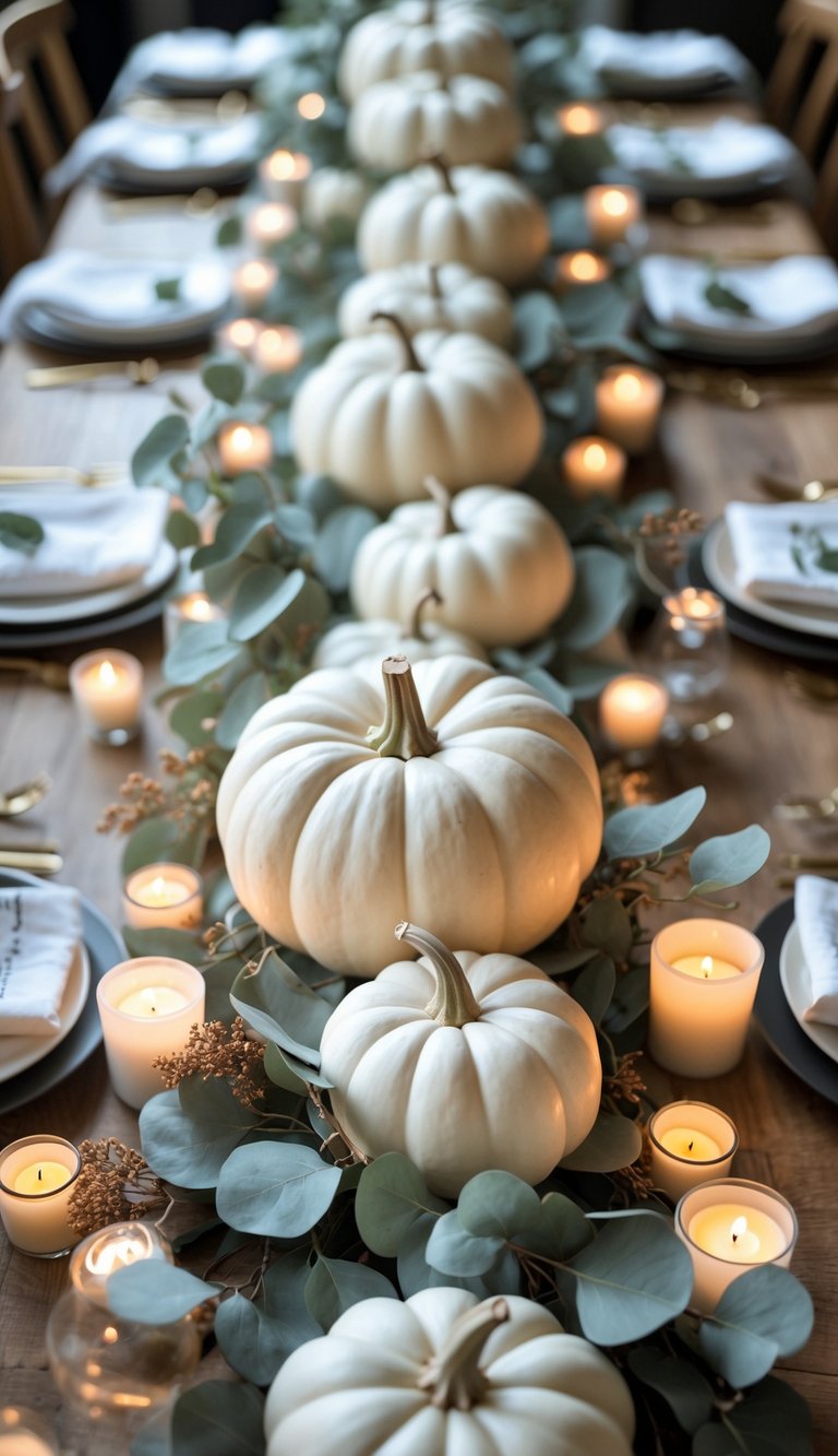 A table set with eucalyptus branches and white pumpkins as the centerpiece, surrounded by candles and floral accents.