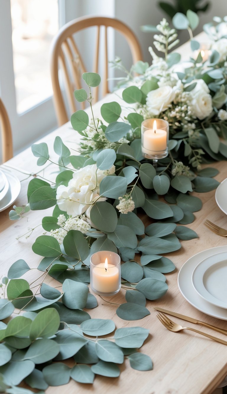 A wooden table decorated with scattered eucalyptus leaves, a floral centerpiece, lit candles, and tableware under natural daylight.