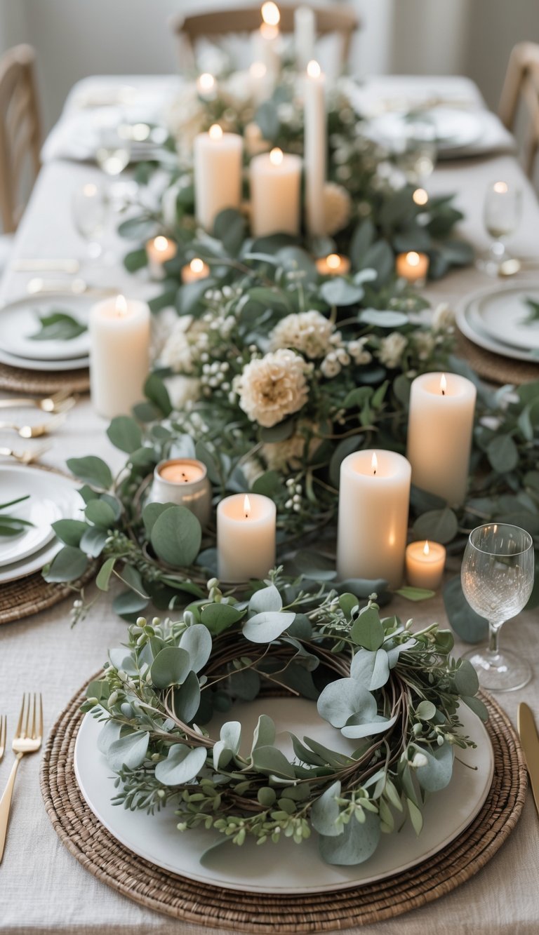 A beautifully set table featuring eucalyptus wreath charger plates, floral centerpieces, and candles, all arranged under soft natural light.