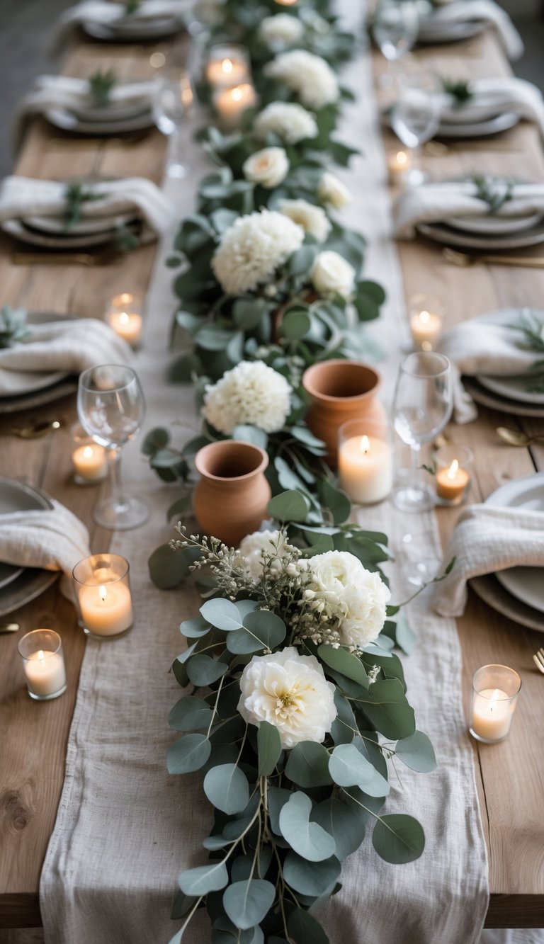 A full view of a wooden table set for an event with neutral linen tablecloths, eucalyptus branches, white and cream flowers, and candles arranged along the center.