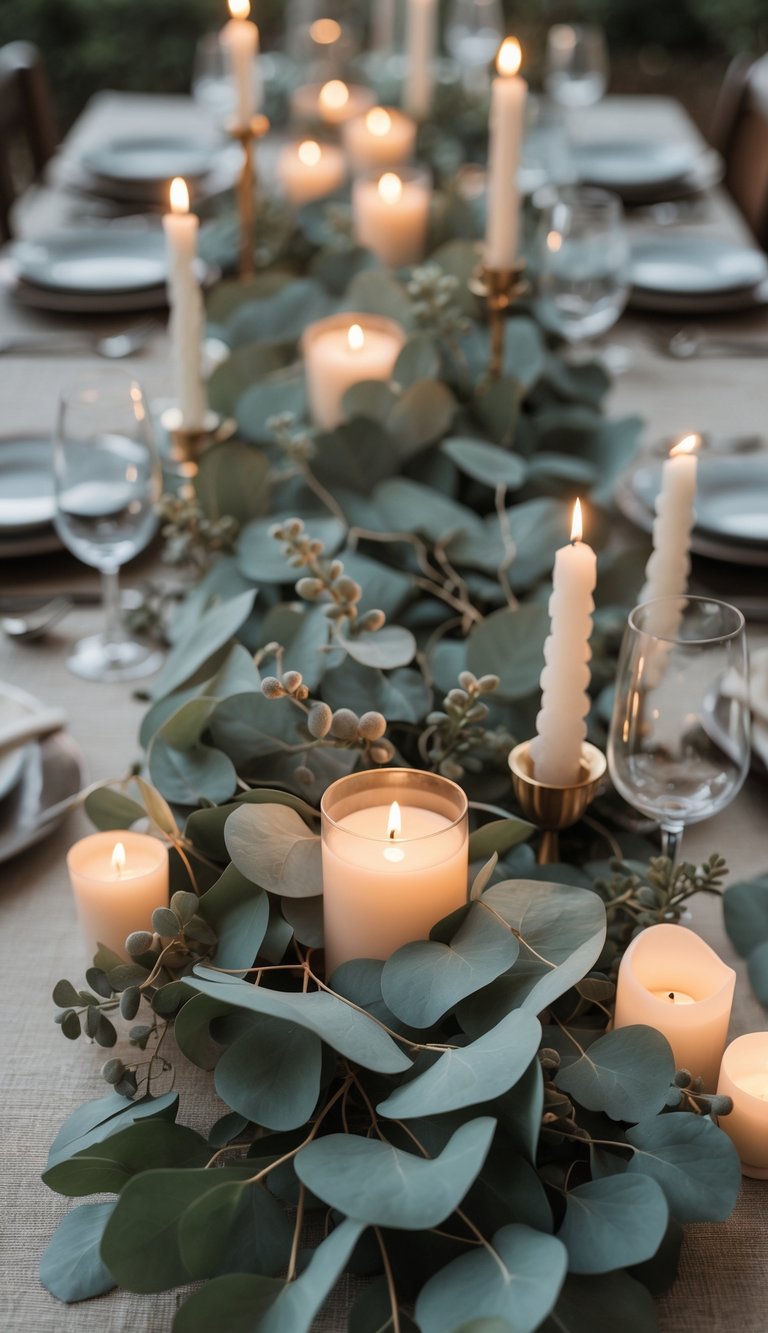 A full table set with eucalyptus centerpieces and glowing candles arranged among dishware and glassware.
