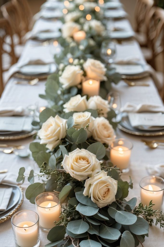 A long dining table with a white tablecloth is decorated with white roses, eucalyptus leaves, and lit votive candles arranged down the center.