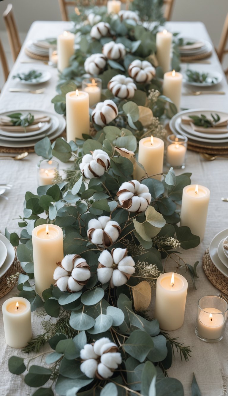 A full view of a beautifully arranged table with eucalyptus branches, cotton pods, candles, and flowers as centerpieces, set for an event or holiday.