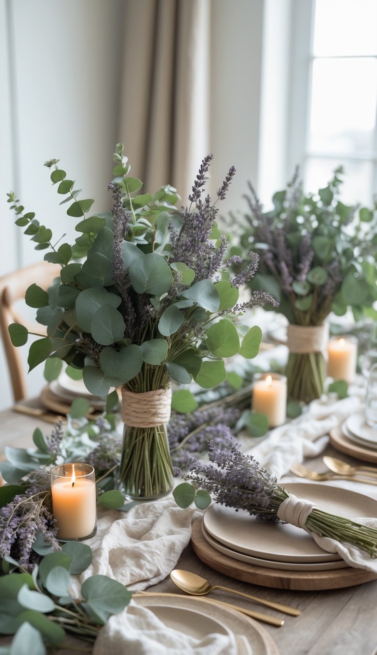 A full view of a tablescape featuring eucalyptus leaves, dried lavender bundles, candles, and neutral tableware arranged on a wooden table.