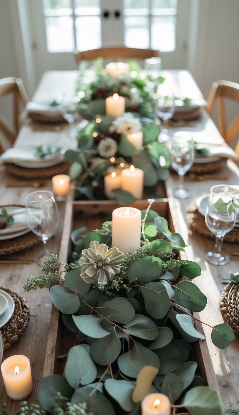 A full view of a table set with rustic wooden trays draped with eucalyptus branches, surrounded by candles and floral centerpieces.