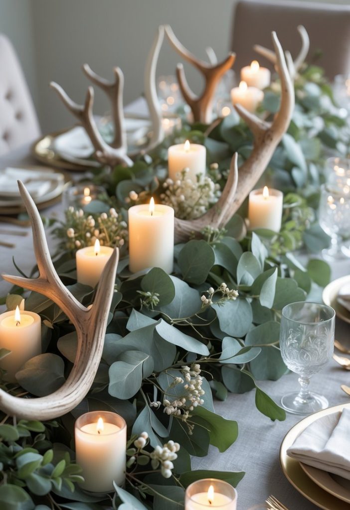 A dining table centerpiece with antlers, white candles, eucalyptus leaves, and white berries, set with plates, glasses, and cutlery.