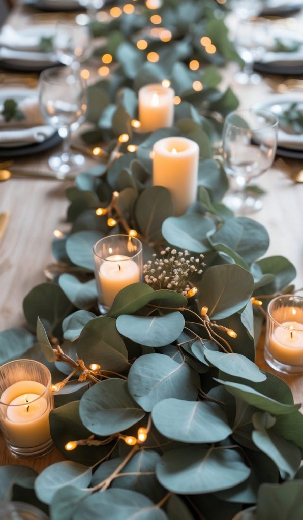 A dining table decorated with eucalyptus leaves, white pillar candles, votives, and string lights, set with plates, glasses, and cutlery.