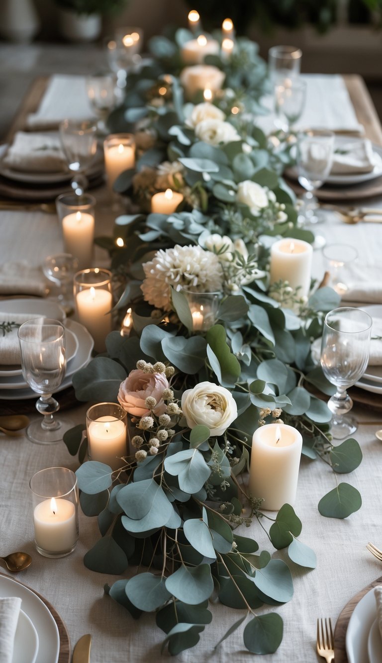 A full view of a dining table set with eucalyptus greenery, ivory linen napkins, floral centerpieces, and lit candles.
