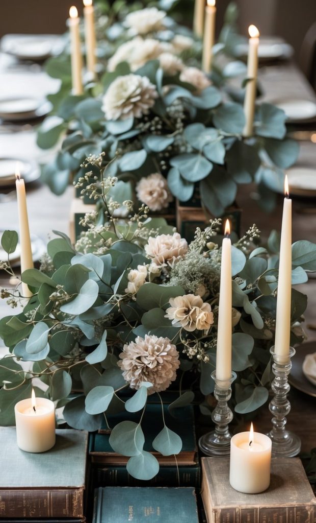 A dining table decorated with books, lit candles, and floral arrangements of greenery and pale flowers, set for a formal gathering.