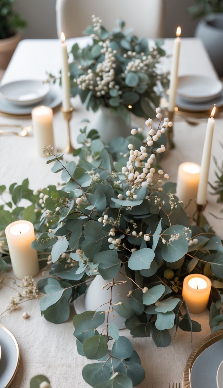 A full view of a table decorated with eucalyptus branches and tiny white berries in the centerpiece, surrounded by candles and floral accents.