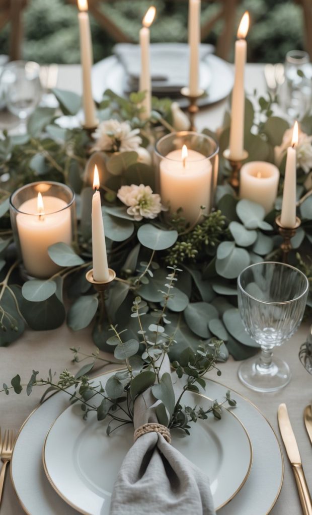 Elegant table setting with white plates, gold cutlery, glassware, greenery, flowers, and several lit candles in holders and glass containers.