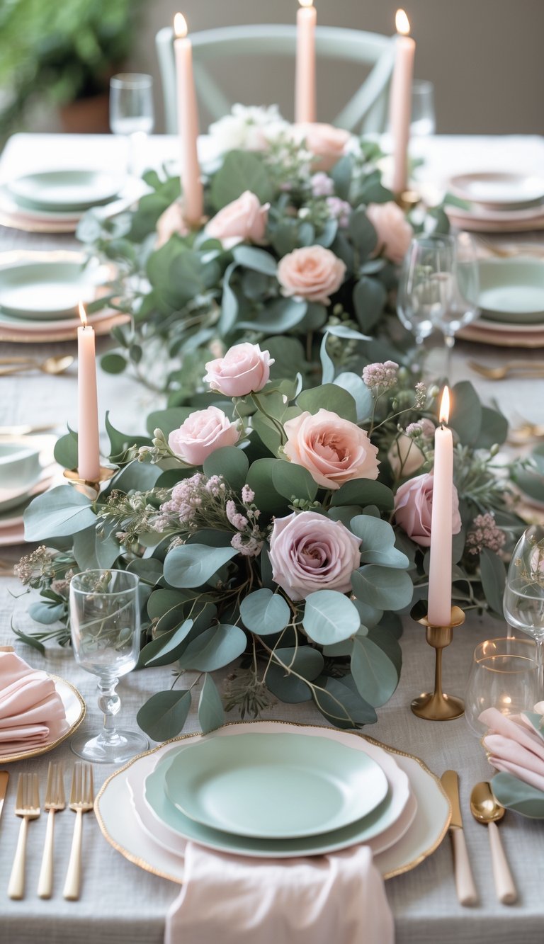 A full table set with eucalyptus branches, pastel-colored plates, flowers, and candles arranged for an event.