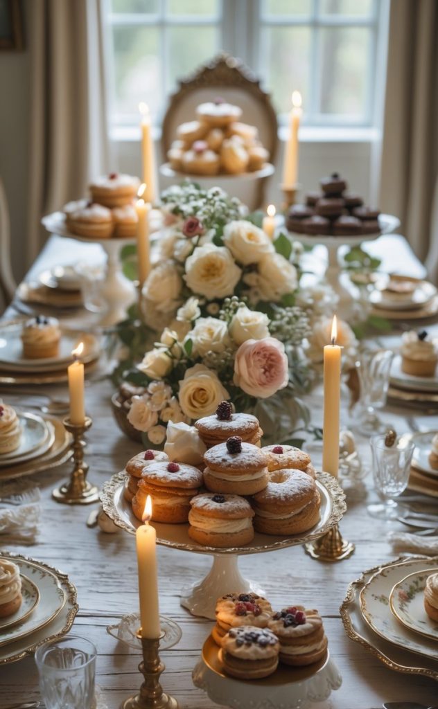 A decorated table set for tea with assorted pastries, lit candles, floral arrangements, and elegant china, positioned near a window with natural light.