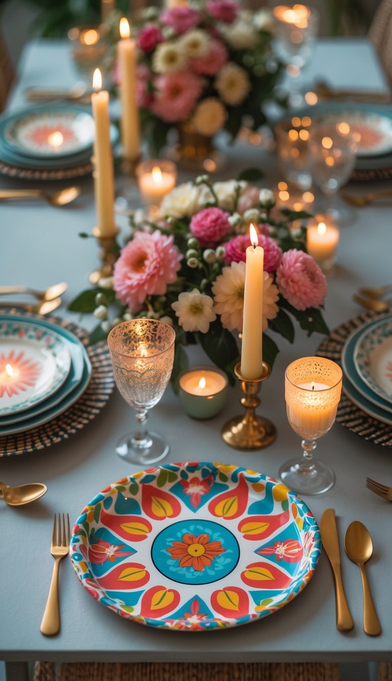 A full view of a table set with colorful patterned serving trays, candles, and floral centerpieces for a festive event.