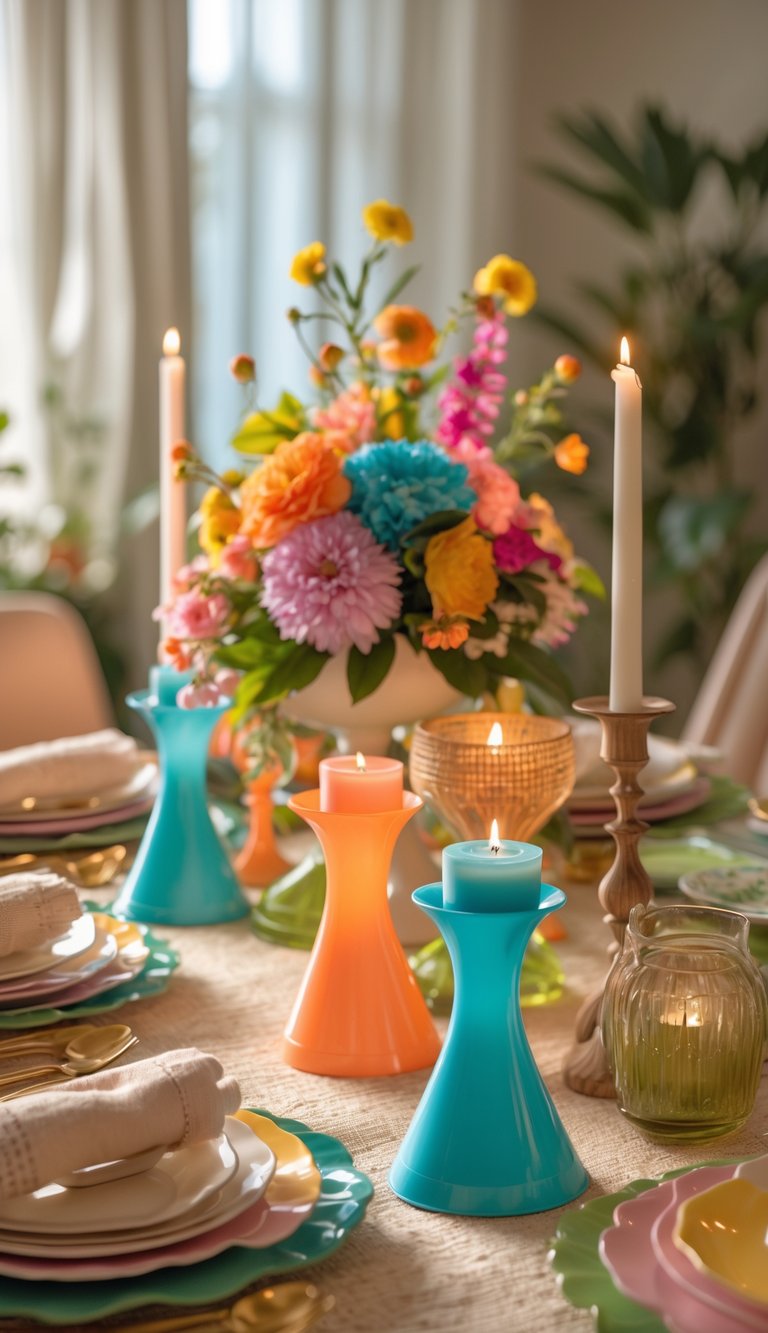 A dining table set with colorful plates, pastel candle holders with lit candles, and a vibrant floral centerpiece in a bright, sunlit room.