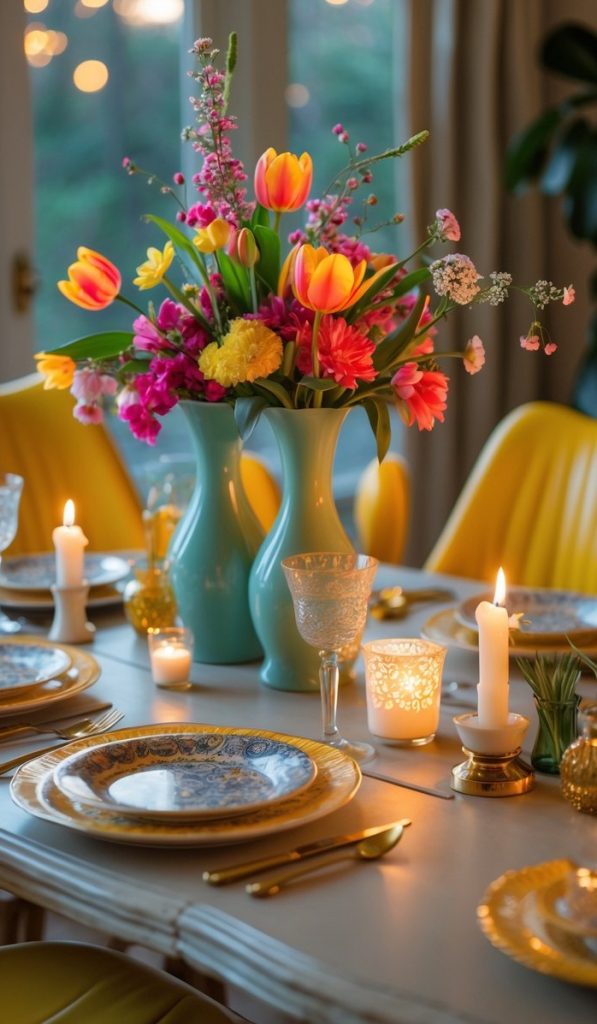 A dining table set with ornate plates, gold cutlery, lit candles, and a large vase of colorful flowers, with yellow chairs and a window in the background.