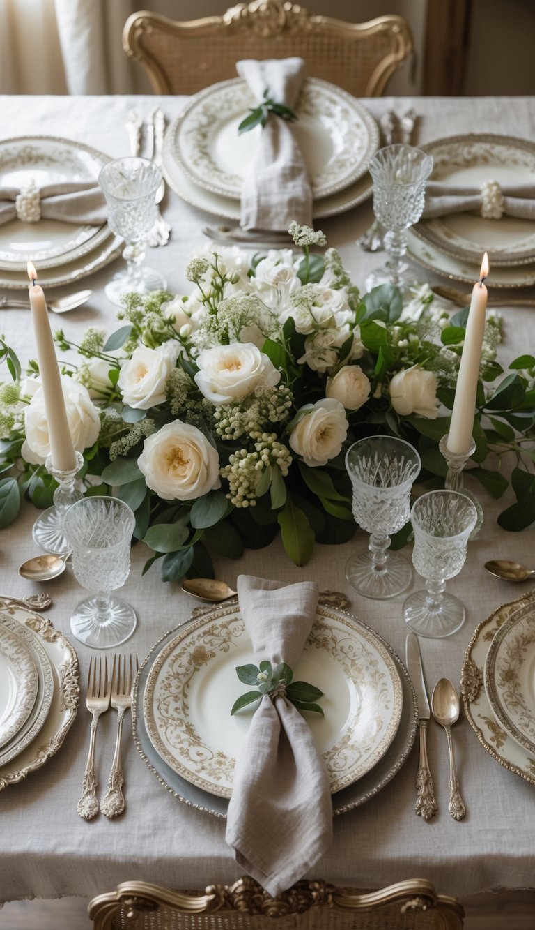 A dining table set with vintage silverware, candles, fresh flowers, plates, and glassware, illuminated by natural light.