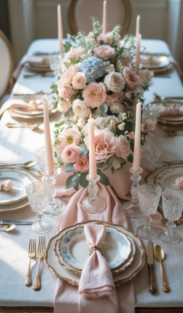 Elegant table setting with pink and white floral centerpiece, tall pink candles, gold-rimmed plates, crystal glasses, and neatly folded napkins, set for a formal meal.