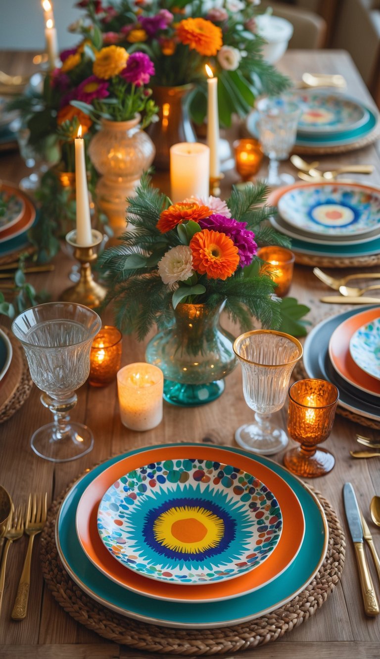 A full view of a table set with colorful retro ceramic plates, floral centerpieces, candles, and glassware under natural light.