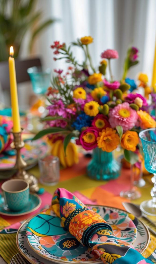 A vibrant table setting with patterned plates, colorful napkins, yellow candles, and a bright floral centerpiece in a blue vase.