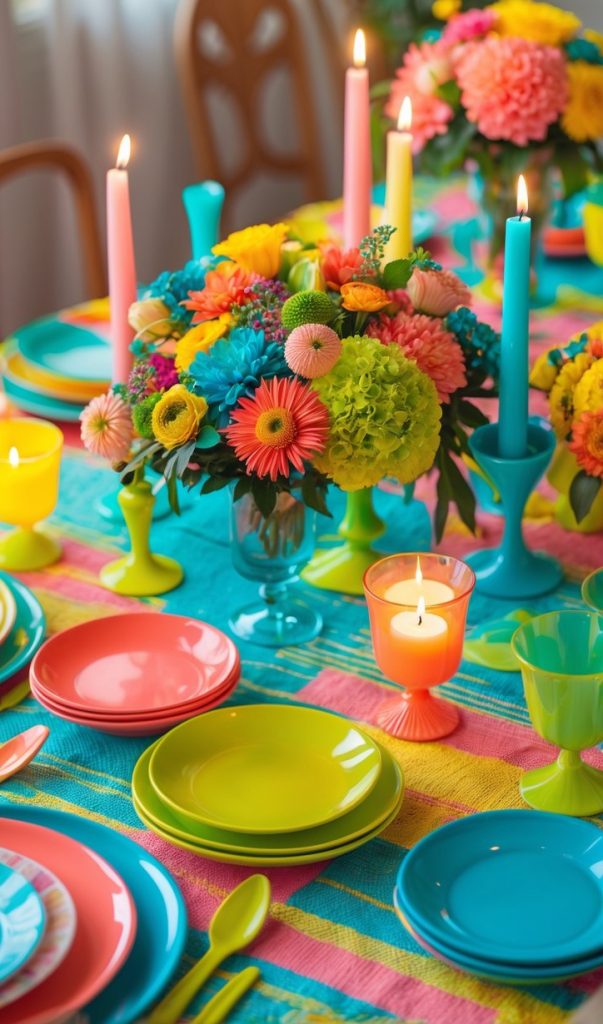 A brightly colored table is set with vibrant plates, cups, candles, and floral arrangements on a striped tablecloth for a festive gathering.