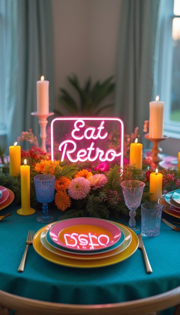 A table set with colorful plates, glasses, candles, flowers, and a neon sign reading “Eat Retro” in the center.