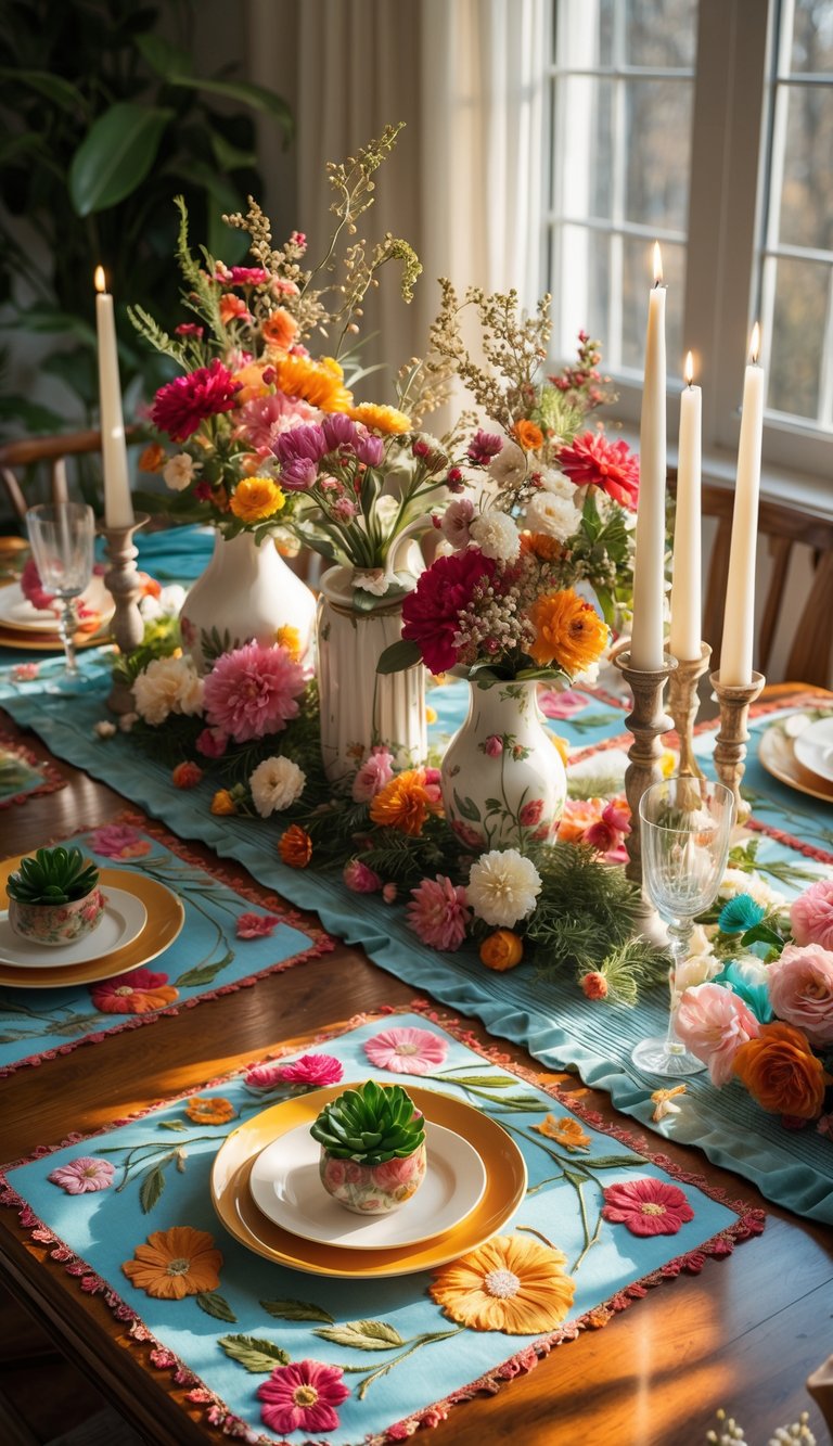 A full view of a table set with embroidered floral placemats, floral centerpieces, and candles on a wooden surface in natural light.
