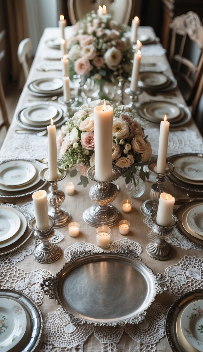 A dining table set with antique silver trays, lace doilies, candles, and floral centerpieces under natural light.