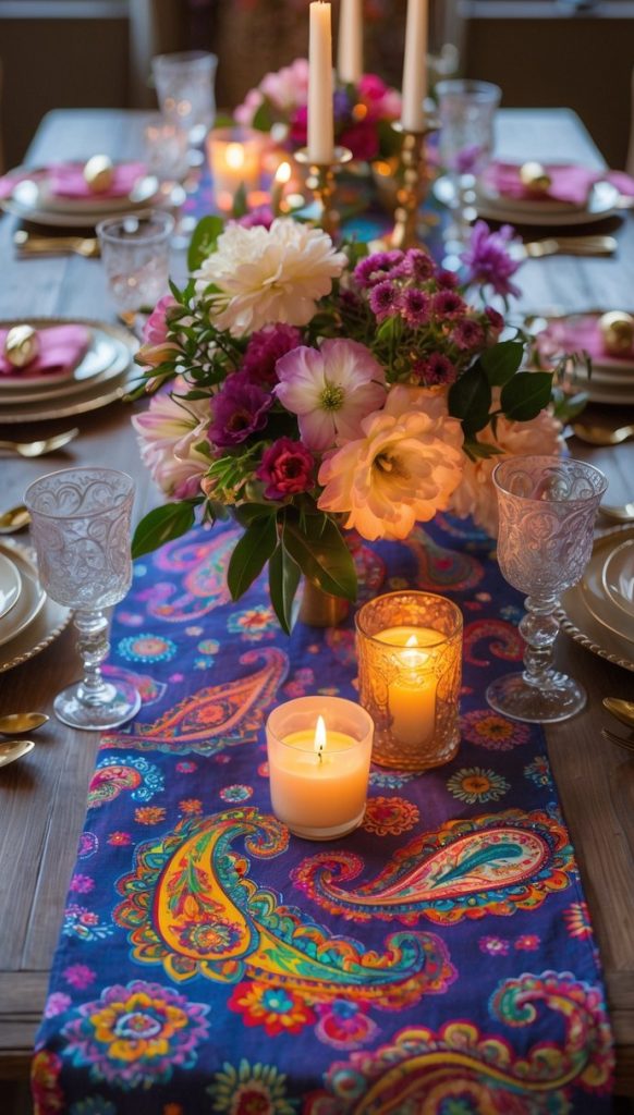 A wooden dining table set with gold-rimmed plates, glassware, floral arrangements, lit candles, and a colorful paisley table runner.