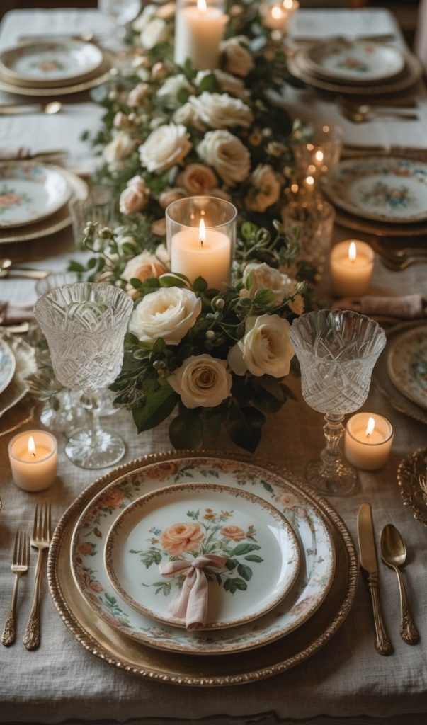 Elegant dining table set with floral china, gold cutlery, crystal glasses, and a centerpiece of white roses and candles.