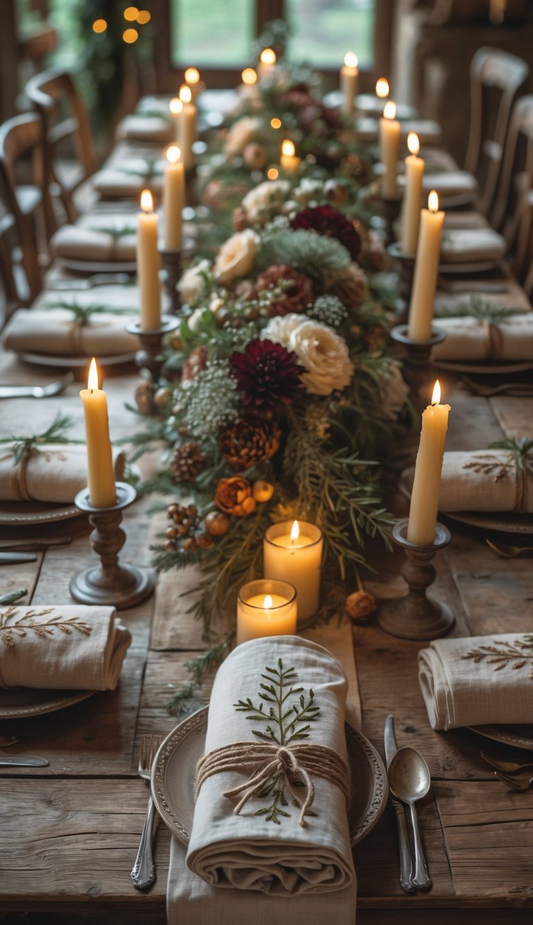 A long wooden dining table set with rolled embroidered napkins tied with twine, floral centerpieces, and candles, arranged for a festive gathering in natural daylight.