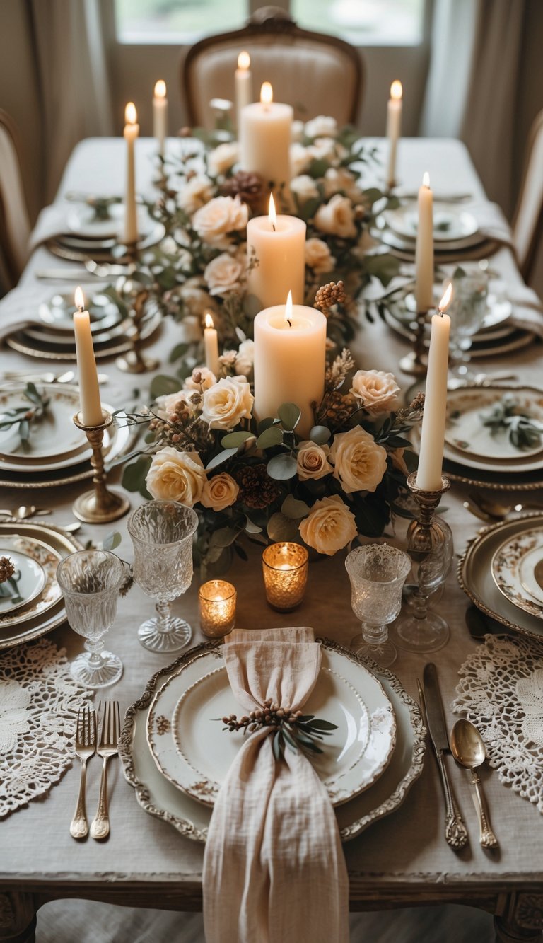 A fully set vintage-style table with candles, floral centerpieces, plates, and glassware arranged for an event or holiday.