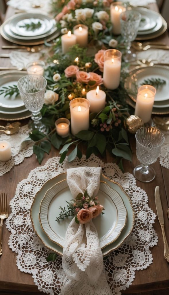 A dining table set with lace placemats, gold cutlery, crystal glasses, floral arrangements, and lit candles, creating an elegant and romantic atmosphere.