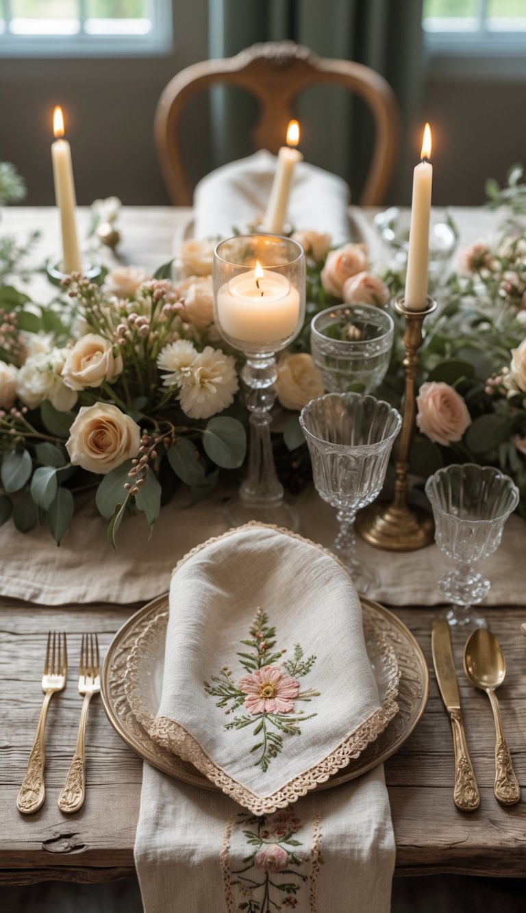 A vintage styled table set for a holiday event with embroidered napkins, floral centerpieces, lit candles, and natural daylight.